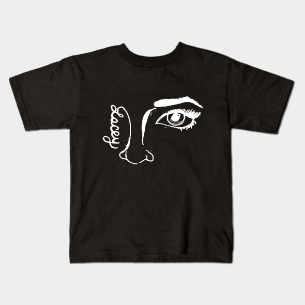 "The Face Sells" in white print Kids T-Shirt by Lacey Claire Rogers